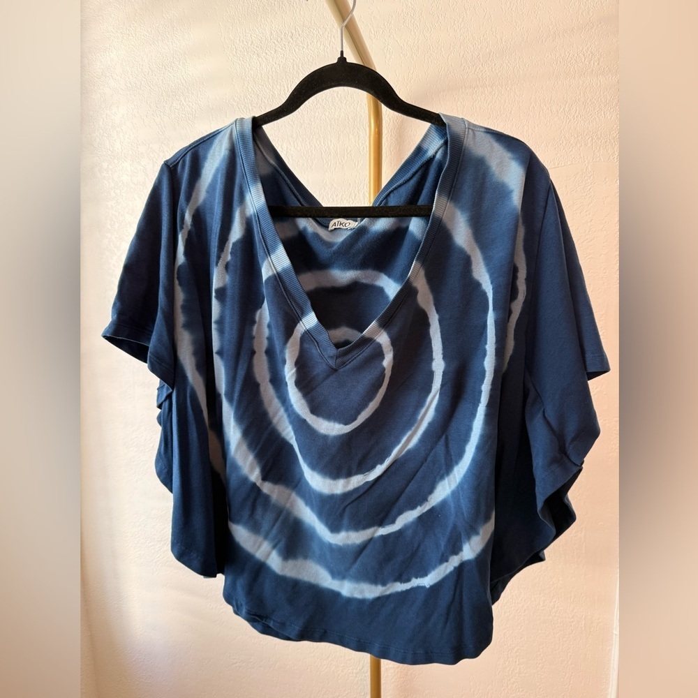 ATKO Blue Tie-Dye V-Neck Top – Oversized Relaxed Fit – Made in USA